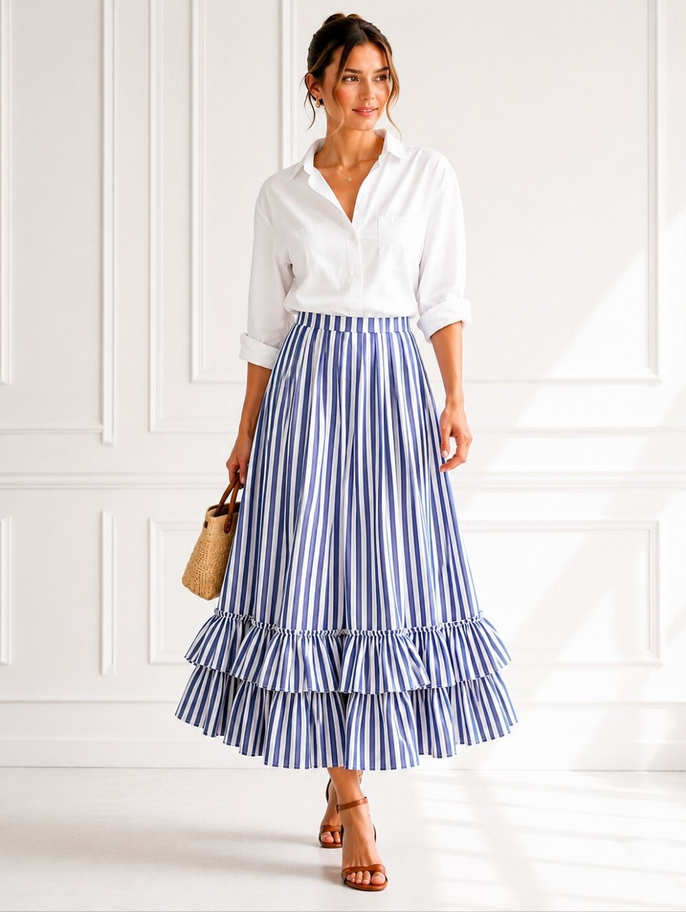 Belle Paque Blue White Striped Ruffle Maxi Skirt | Size S |